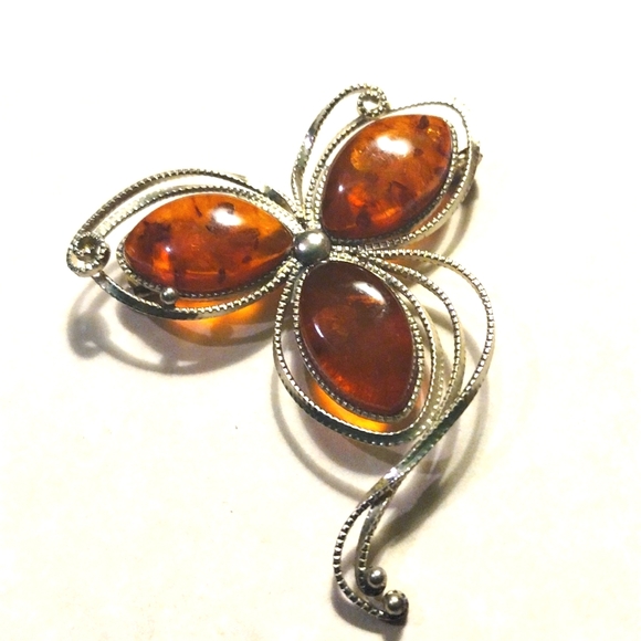 AMBER SILVER BROOCH PIN 2" - Picture 4 of 4